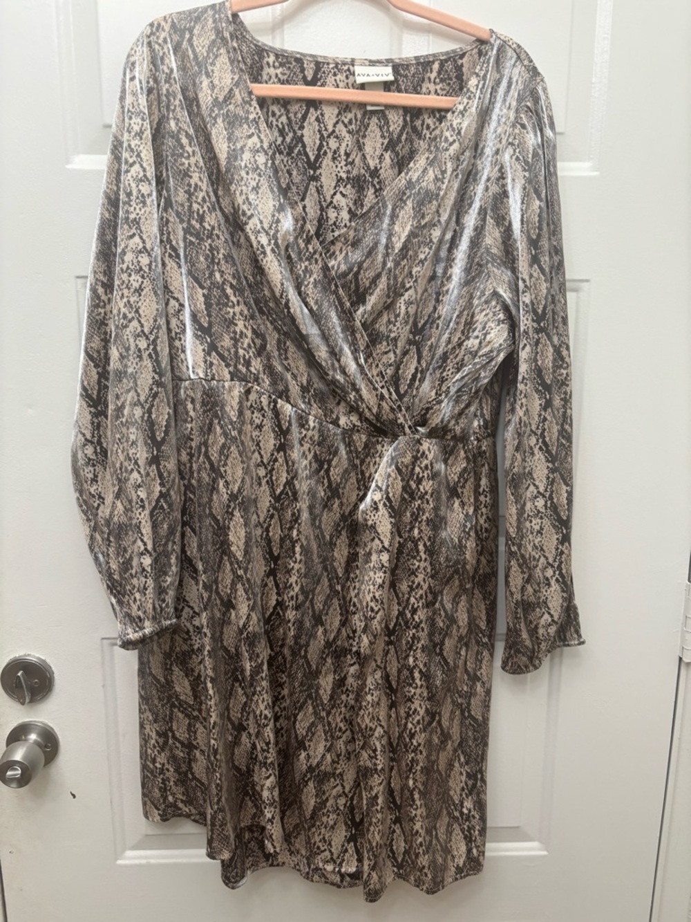 Ava & Viv Long-Sleeve Snake Print Wrap Dress in Beige and Brown
